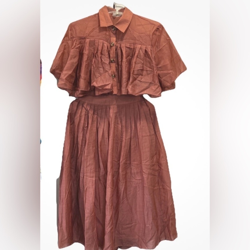 Sister Jane ghospell pawn pleat copper pleated maxi skirt and crop blouse XS nwt